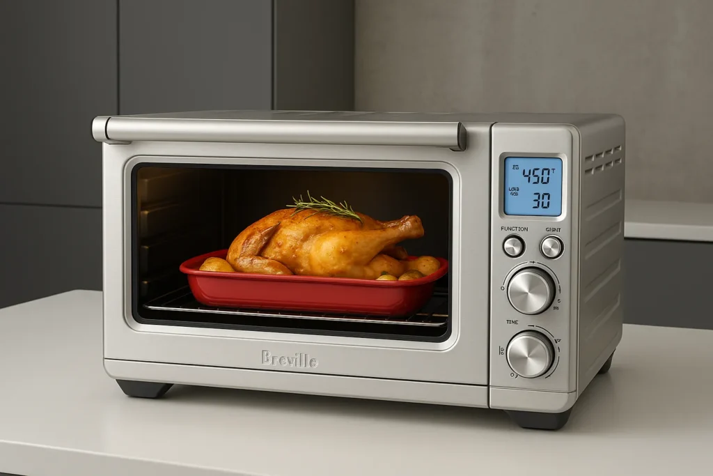 Melhor forno elétrico de bancada assando frango com batatas e alecrim em assadeira vermelha sobre bancada branca de cozinha moderna