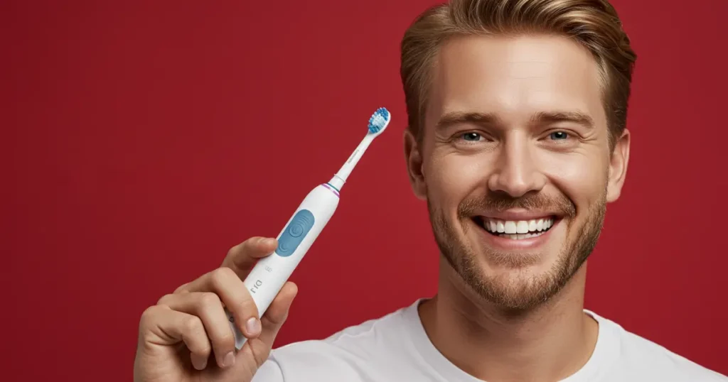 Homem sorridente de cabelos loiros curtos segurando uma escova de dente elétrica, com fundo vermelho. A imagem transmite sensação de saúde bucal e bem-estar.