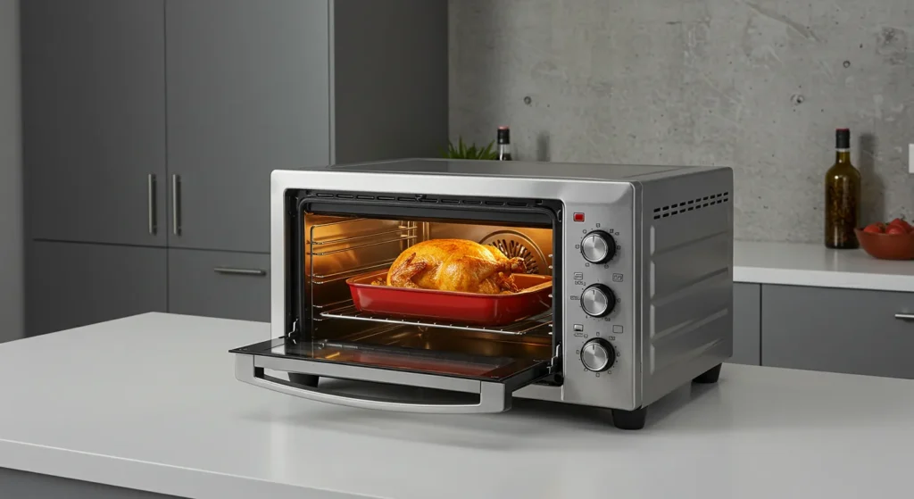 Forno elétrico de bancada moderno assando frango em cozinha minimalista com armários cinza e bancada branca