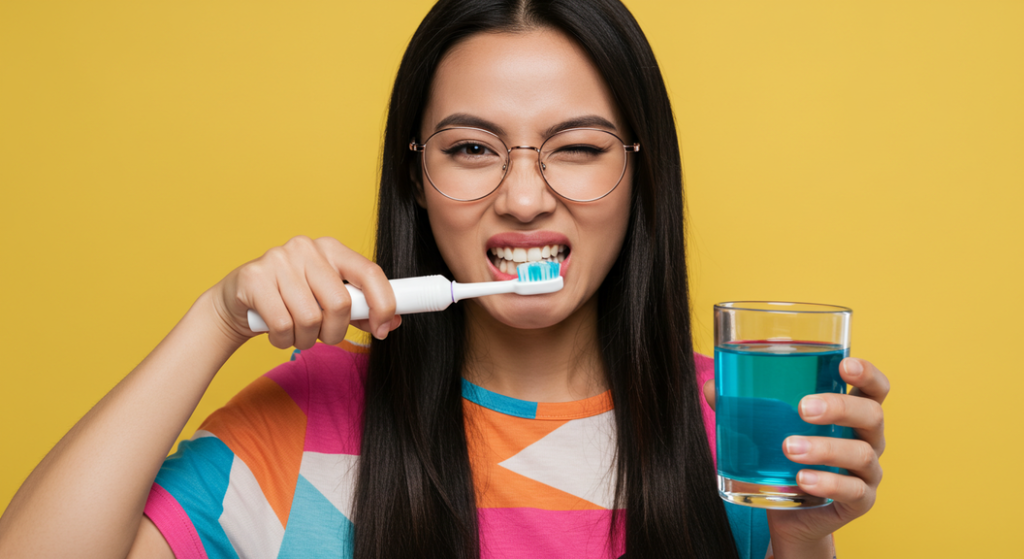 Pessoa sorrindo ao usar a melhor escova de dente elétrica de 2025.