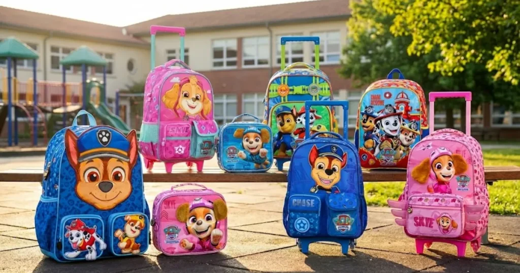 Uma coleção de mochilas e lancheiras da Patrulha Canina está arrumada sobre um banco de madeira e no chão de um parquinho escolar sob luz natural suave.